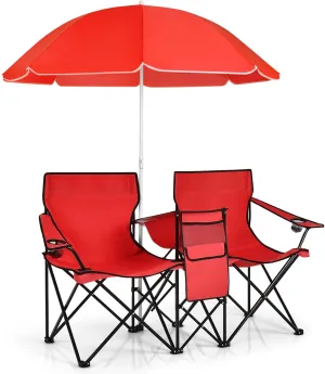 Giantex Double Camping Chair with Umbrella - Folding Picnic Loveseat with Carrying Bag, Cooler Bag, Table, Side Pocket & Cupholder, Portable Beach Chair for Camping, Picnic, Fishing, Beach