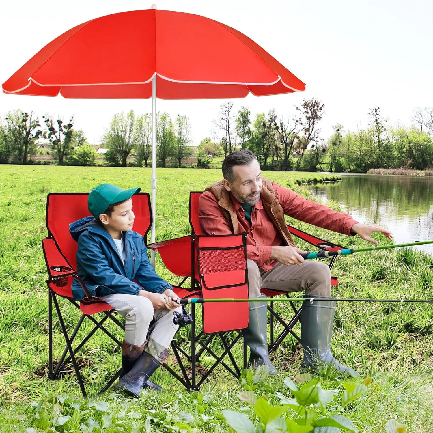 Giantex Double Camping Chair with Umbrella - Folding Picnic Loveseat with Carrying Bag, Cooler Bag, Table, Side Pocket & Cupholder, Portable Beach Chair for Camping, Picnic, Fishing, Beach
