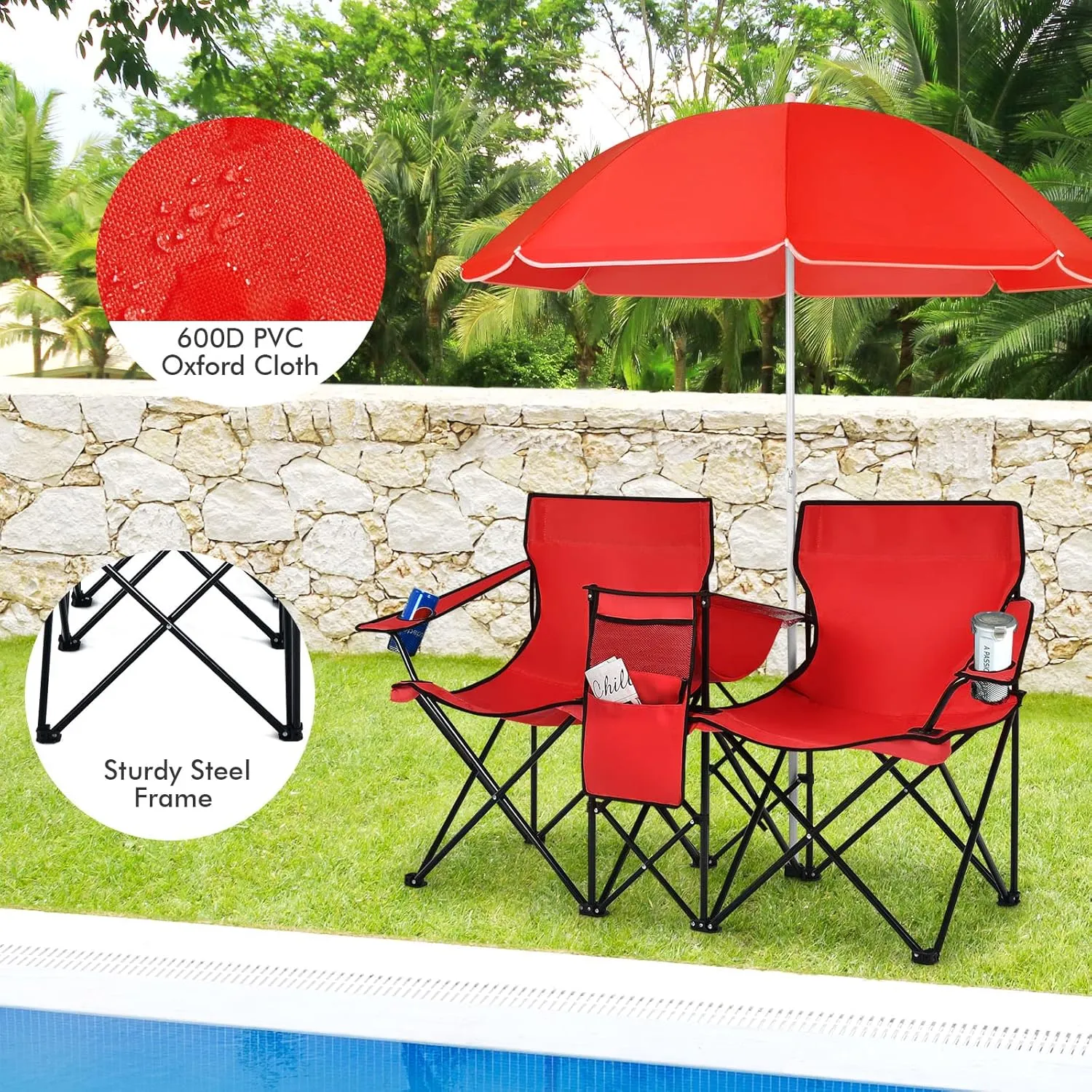 Giantex Double Camping Chair with Umbrella - Folding Picnic Loveseat with Carrying Bag, Cooler Bag, Table, Side Pocket & Cupholder, Portable Beach Chair for Camping, Picnic, Fishing, Beach
