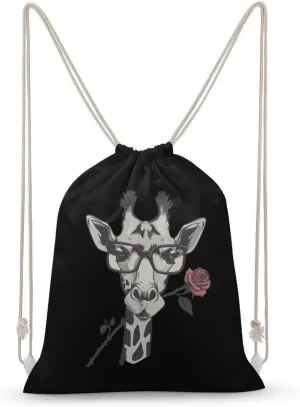 Glasses Giraffe Bite Rose Drawstring Backpack Canvas Draw String Back Bag Sackpack Sport Daypack for Travel Gym Shopping
