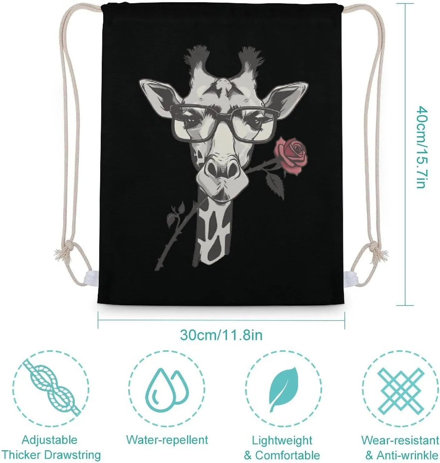 Glasses Giraffe Bite Rose Drawstring Backpack Canvas Draw String Back Bag Sackpack Sport Daypack for Travel Gym Shopping