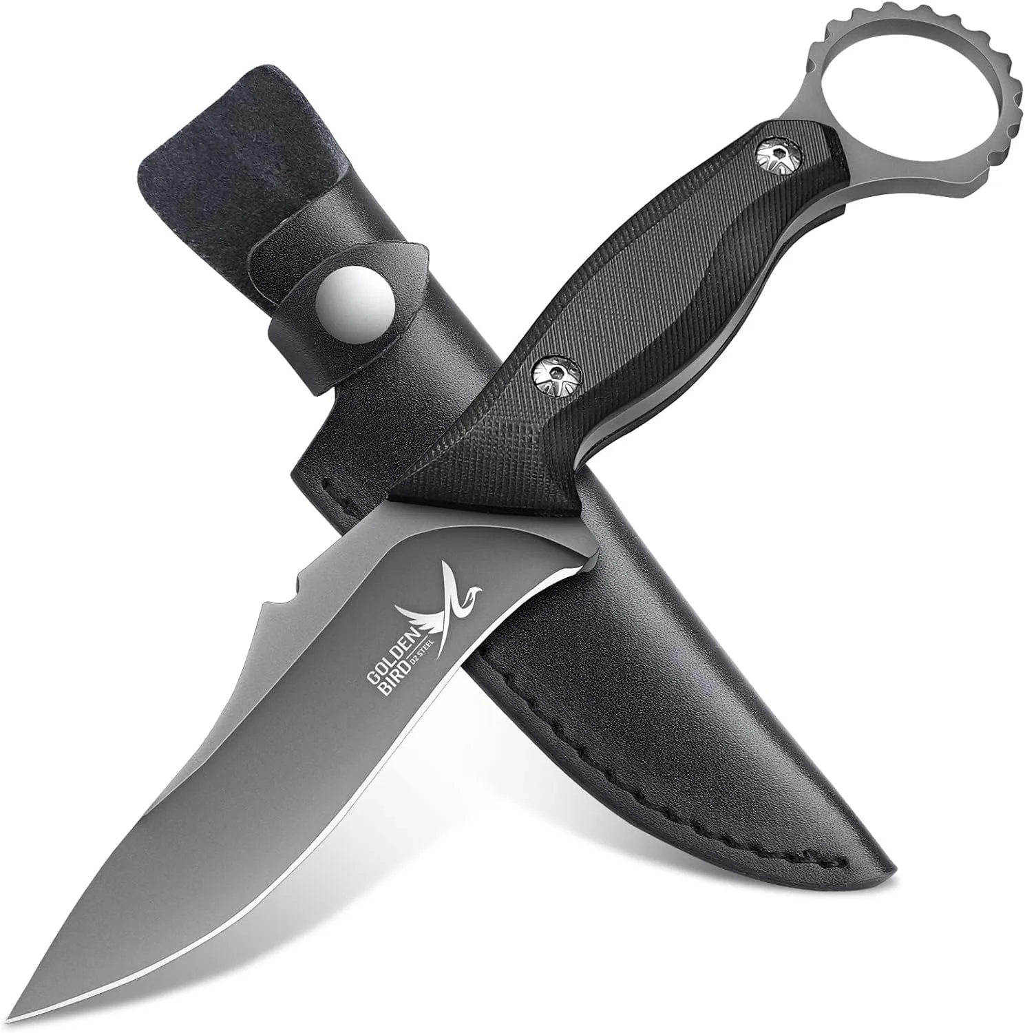 Golden Bird Fixed Blade Knife - Full Tang Outdoor Knives for Camping Hunting Bushcraft with Leather Sheath, 4.7" Carbon Steel Blade with Ergonomic G10 Handle