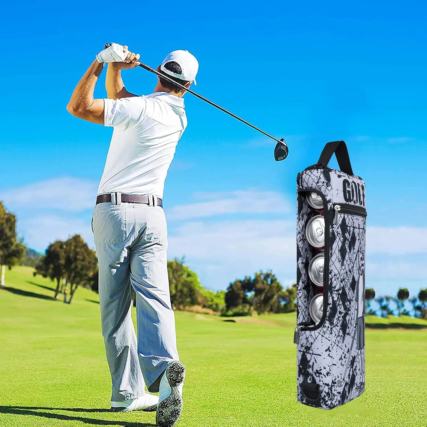 Golf Cooler Bag Plus Ice Pack Soft Sided Insulated Cooler Bag- Holds 6 Pack of Cans or 2 Wine Bottles - Grey Camo Golf Beer Sleeve Black Fits Discreetly in Golf Bags