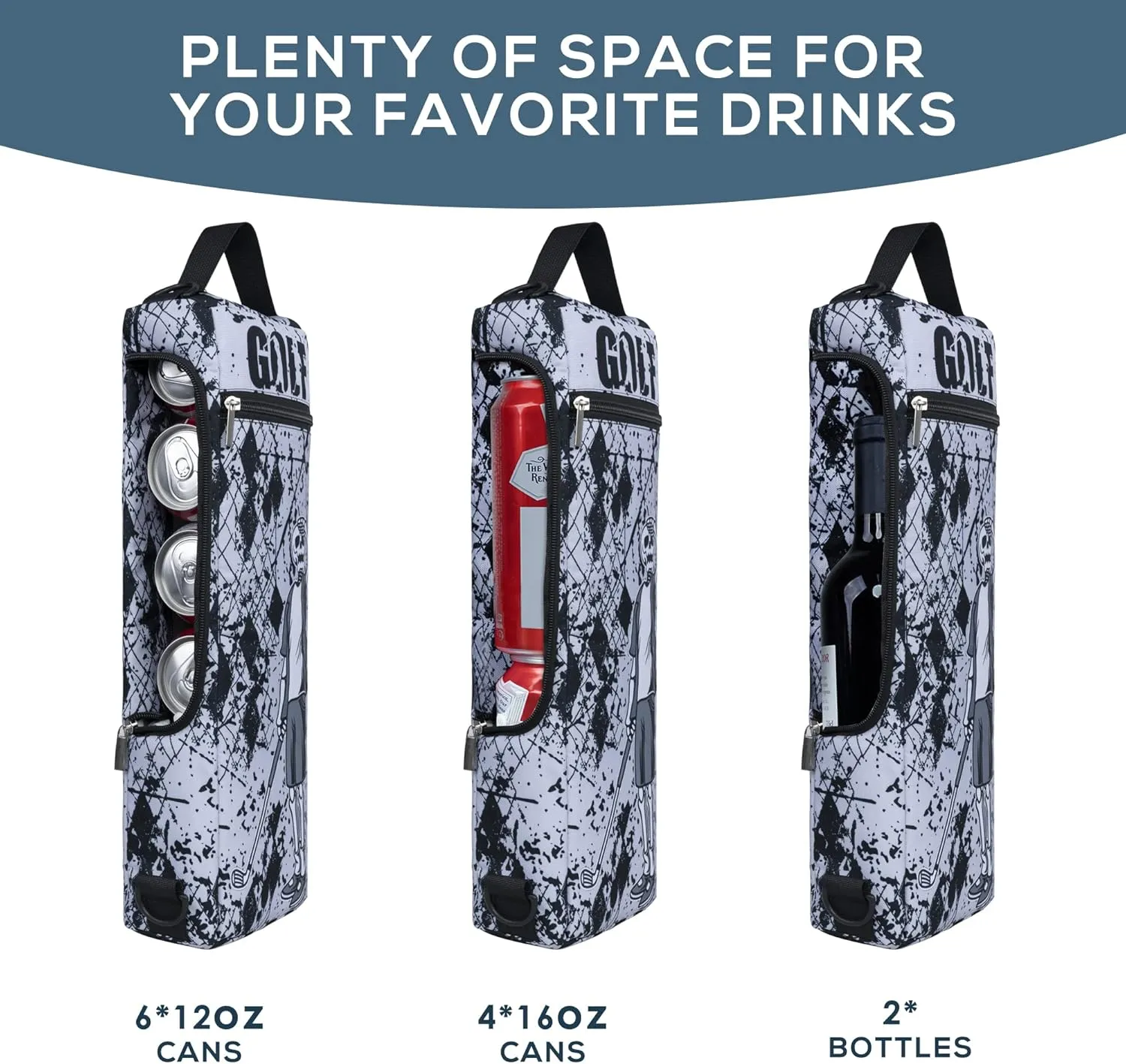 Golf Cooler Bag Plus Ice Pack Soft Sided Insulated Cooler Bag- Holds 6 Pack of Cans or 2 Wine Bottles - Grey Camo Golf Beer Sleeve Black Fits Discreetly in Golf Bags