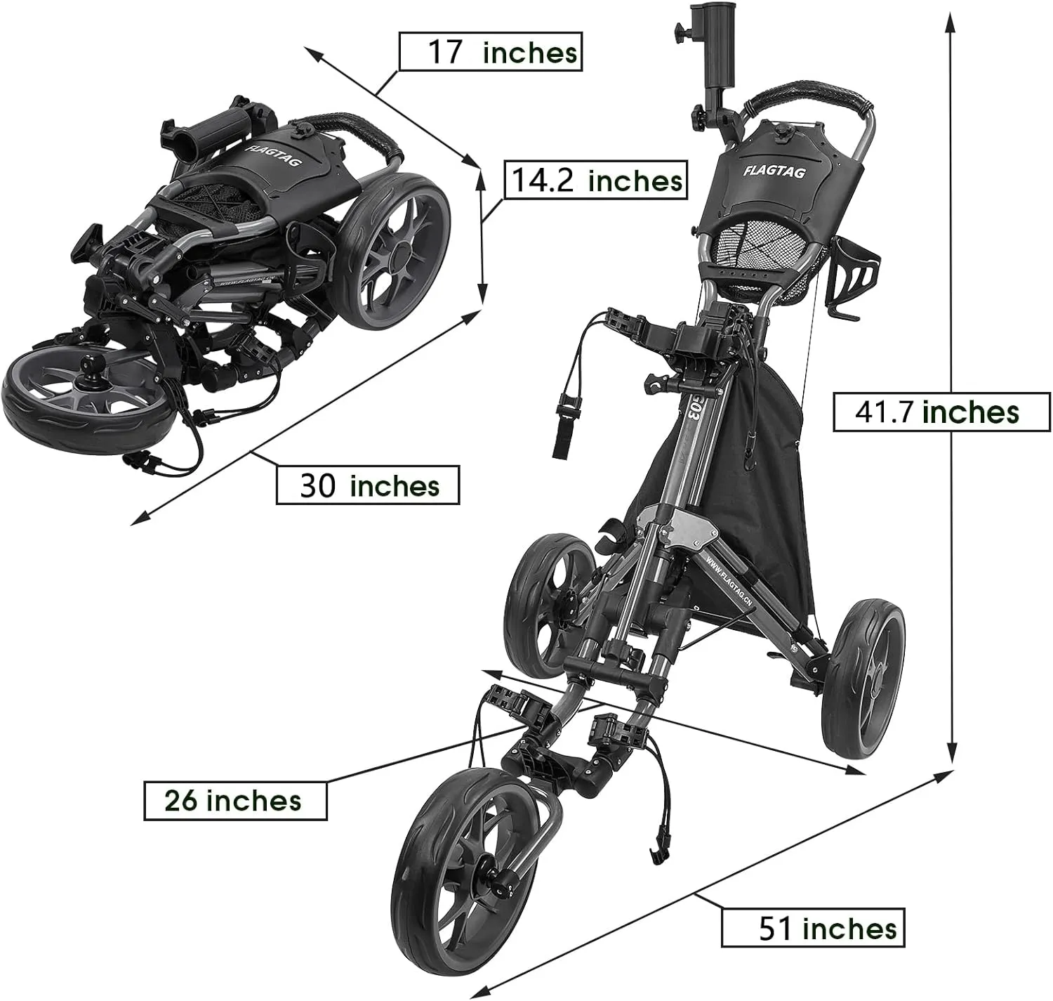 Golf Push Cart 3 Wheel,Foldable Golf Push Cart,Golf Bag Cart with Foot Brake,Umbrella Holder, Cup Holder, Storage Compartment