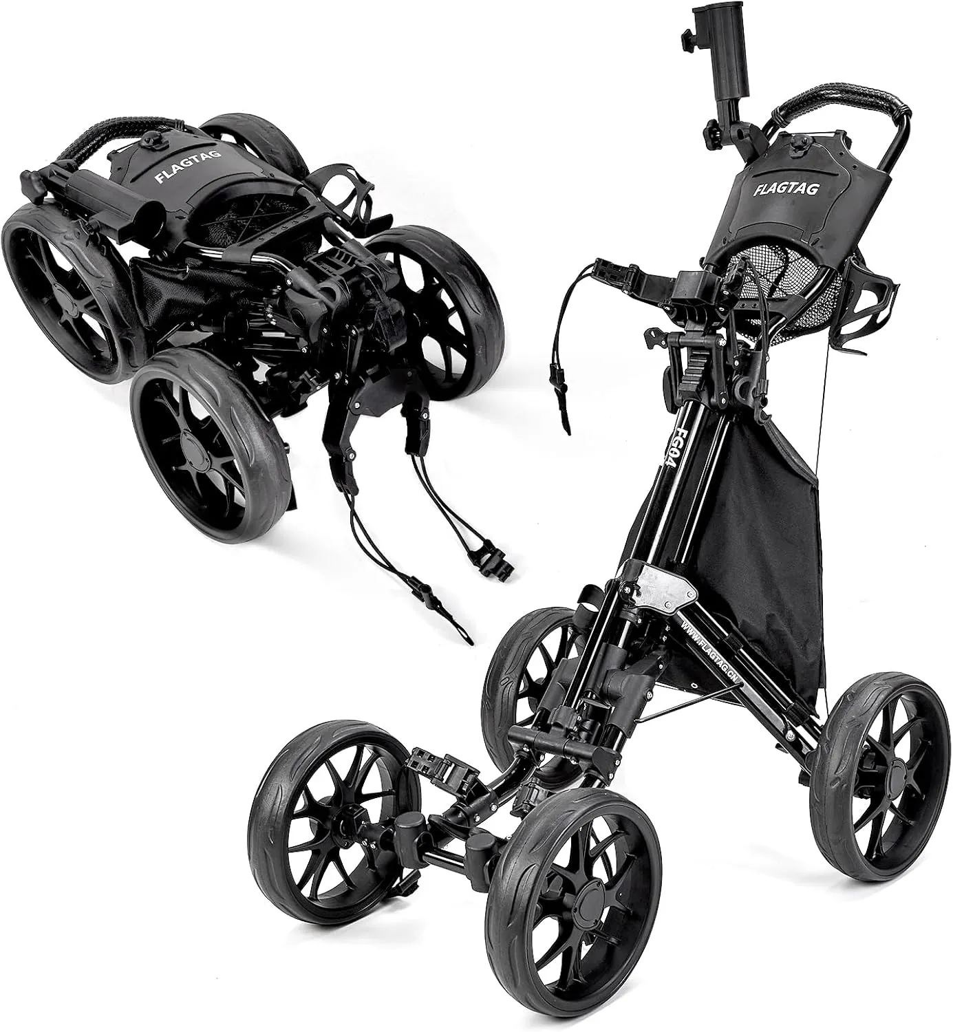 Golf Push Cart 4-Wheels,Folding Golf Cart, Golf Pull cart with Cup Holder,Umbrella Holder,Cooler Bag, Foldable with one-Click,Handle Height Adjustable,Drink Holder,Walking Push cart