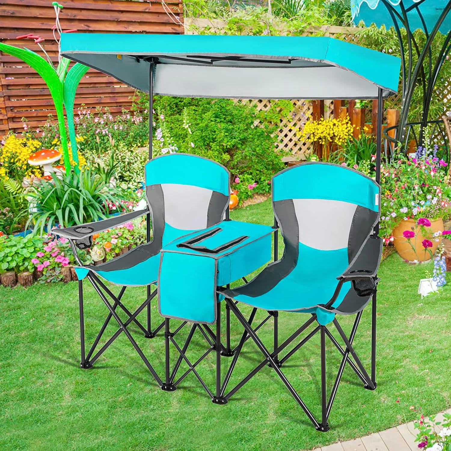 Goplus Double Beach Chair with Canopy Shade, Folding Lawn Camping Chairs with Sunshade & Mini Table Beverage Holder & Carrying Bag for Outdoor Travel Hiking Fishing Poolside