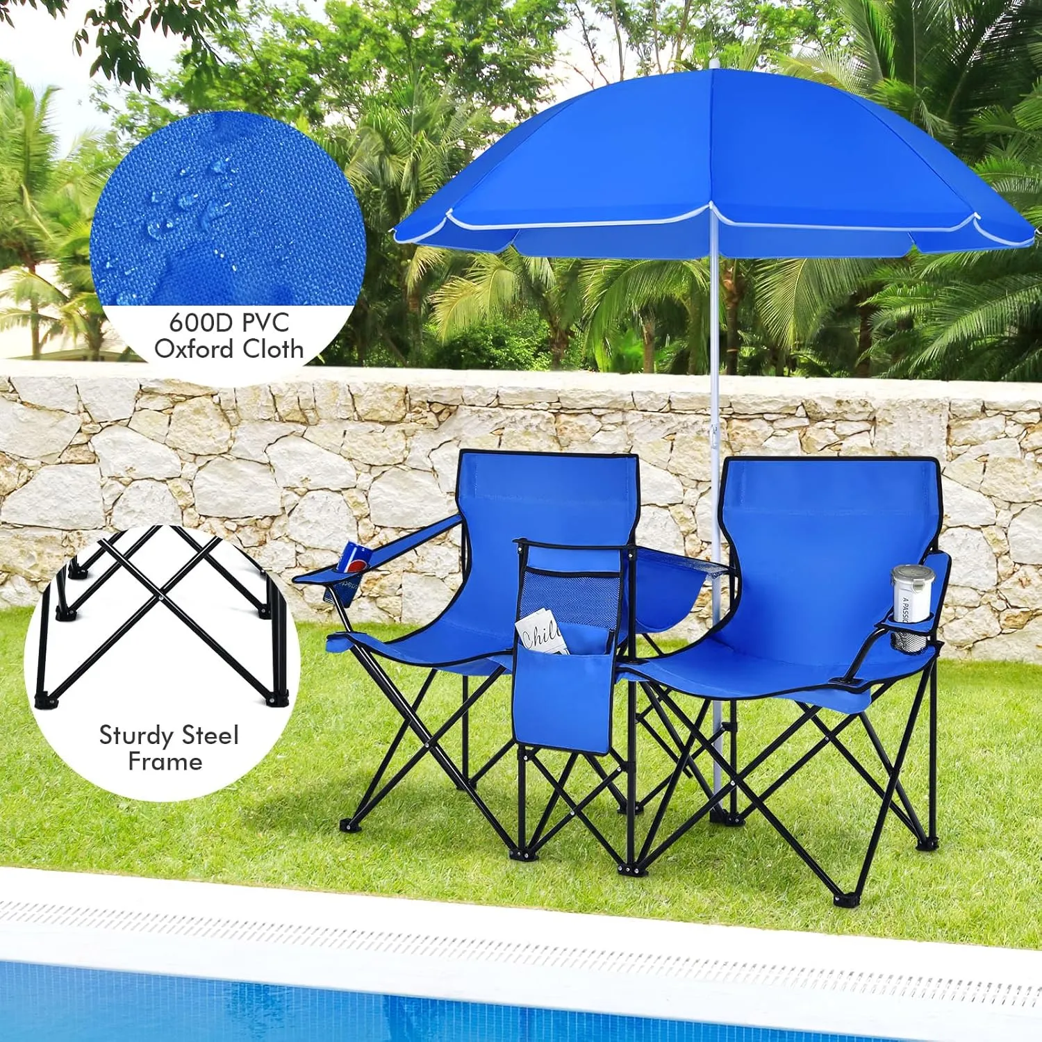 Goplus Double Camping Chair with Umbrella, Folding Loveseat Chairs w/Canopy Shade, Carrying Bag, Table, Cup Holder, Portable Beach Chairs Outdoor Picnic Patio (Blue)