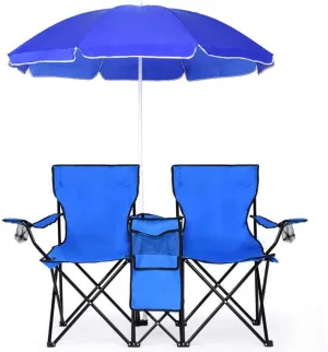 Goplus Double Camping Chair with Umbrella, Folding Loveseat Chairs w/Canopy Shade, Carrying Bag, Table, Cup Holder, Portable Beach Chairs Outdoor Picnic Patio (Blue)