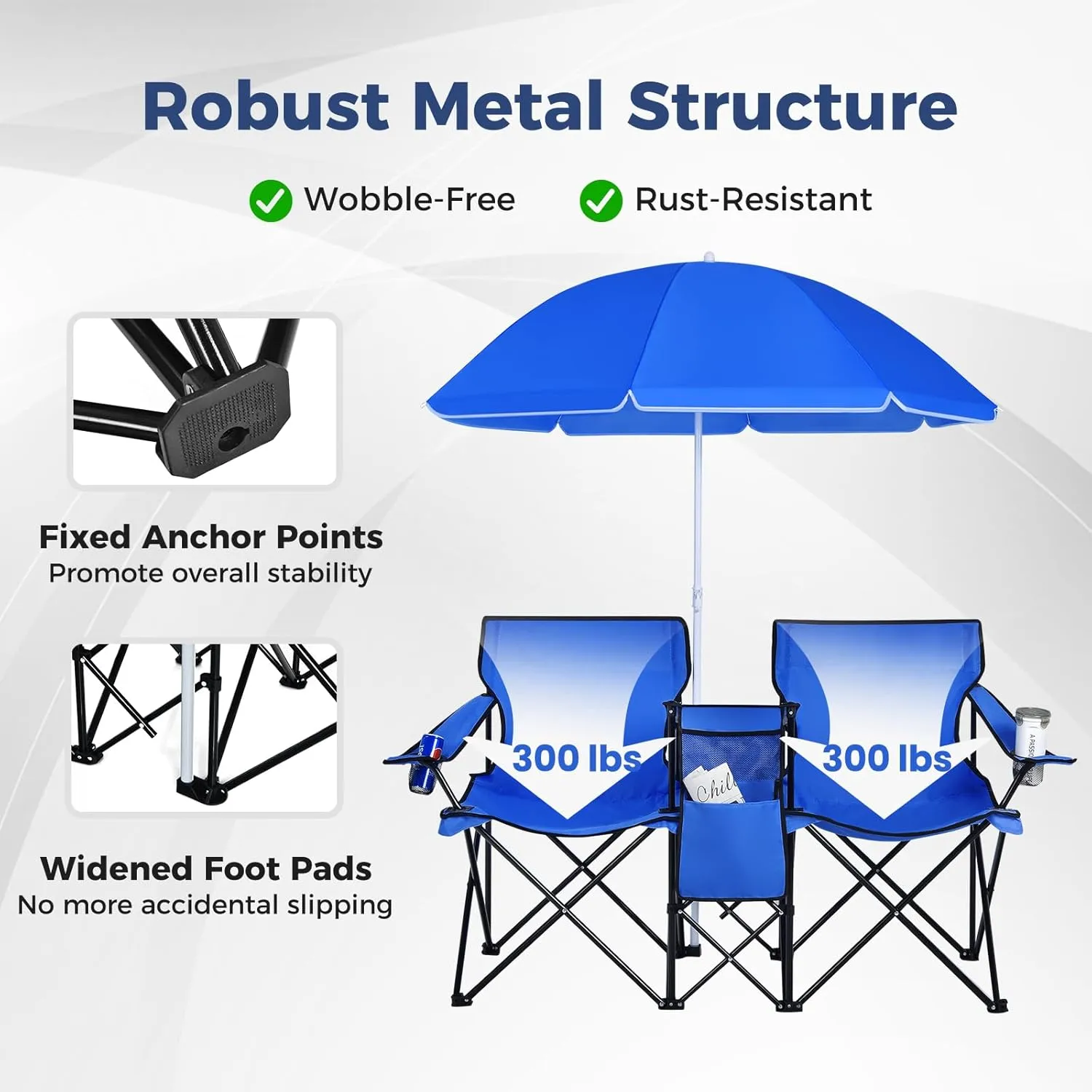 Goplus Double Camping Chair with Umbrella, Folding Loveseat Chairs w/Canopy Shade, Carrying Bag, Table, Cup Holder, Portable Beach Chairs Outdoor Picnic Patio (Blue)