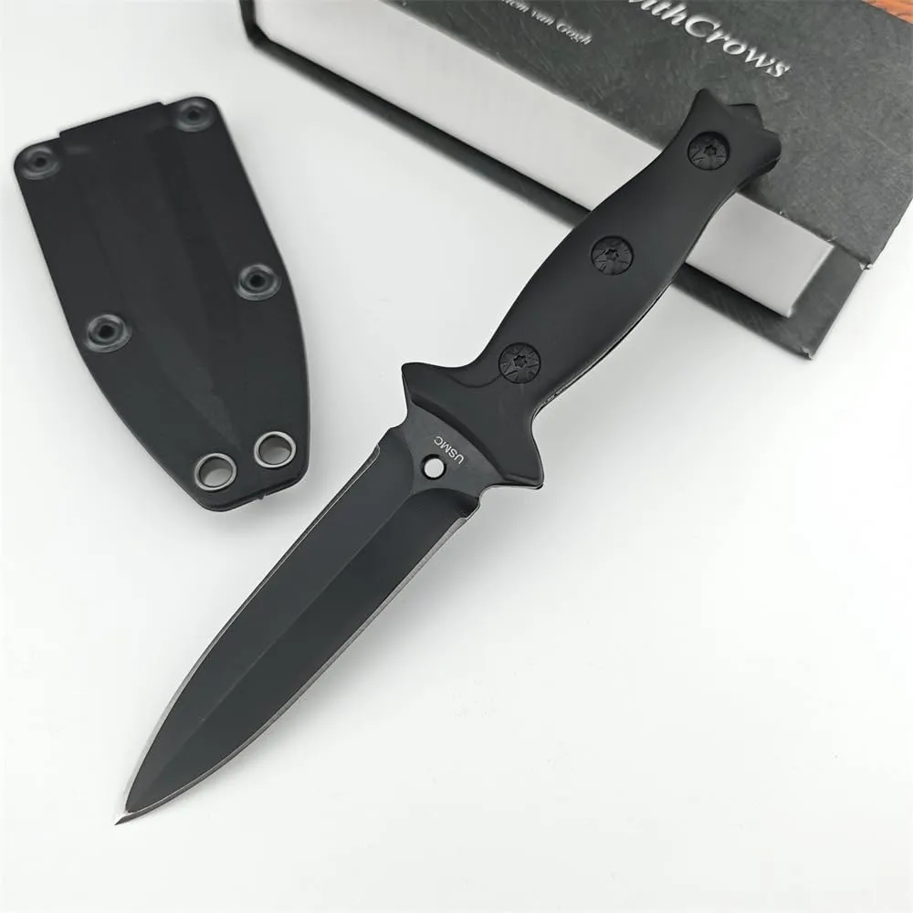Goshawk 7.3 inch S.S. Fixed Blade Knife with Black Coating 440C Dual Edge Blade, ABS Handle and Knife Sheath for Outdoor, Tactical, Survival and EDC