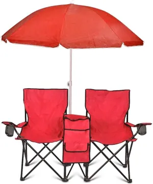GoTEAM! Portable 2-Seat Folding Camp Chair with Cooler, Umbrella & Cup Holders – Outdoor Picnic, Beach, or Tailgate Seating – Carry Case Included (Red)