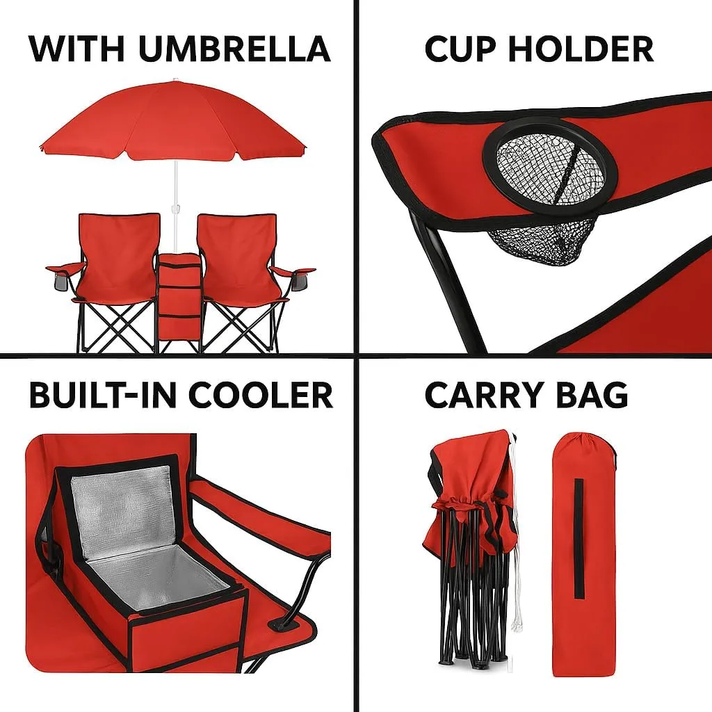 GoTEAM! Portable 2-Seat Folding Camp Chair with Cooler, Umbrella & Cup Holders – Outdoor Picnic, Beach, or Tailgate Seating – Carry Case Included (Red)