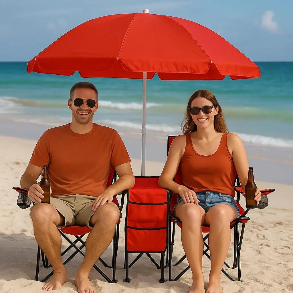GoTEAM! Portable 2-Seat Folding Camp Chair with Cooler, Umbrella & Cup Holders – Outdoor Picnic, Beach, or Tailgate Seating – Carry Case Included (Red)