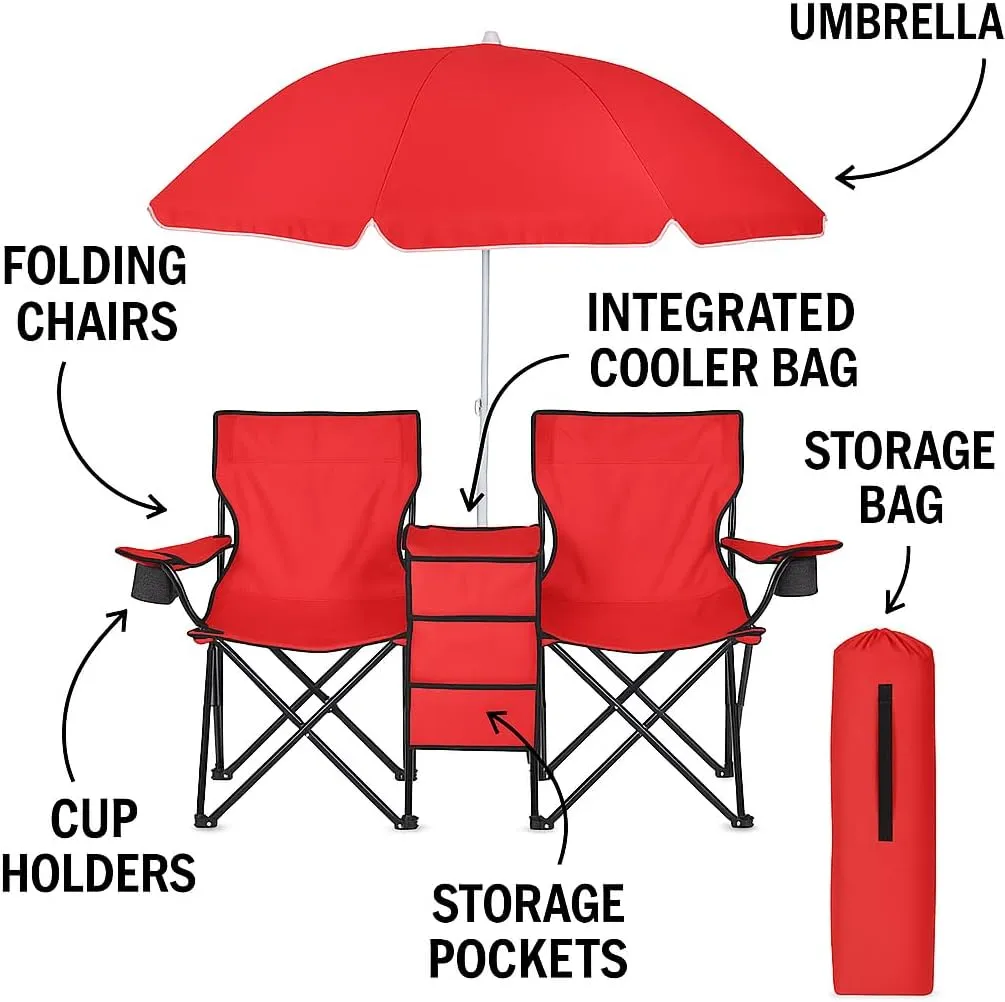 GoTEAM! Portable 2-Seat Folding Camp Chair with Cooler, Umbrella & Cup Holders – Outdoor Picnic, Beach, or Tailgate Seating – Carry Case Included (Red)