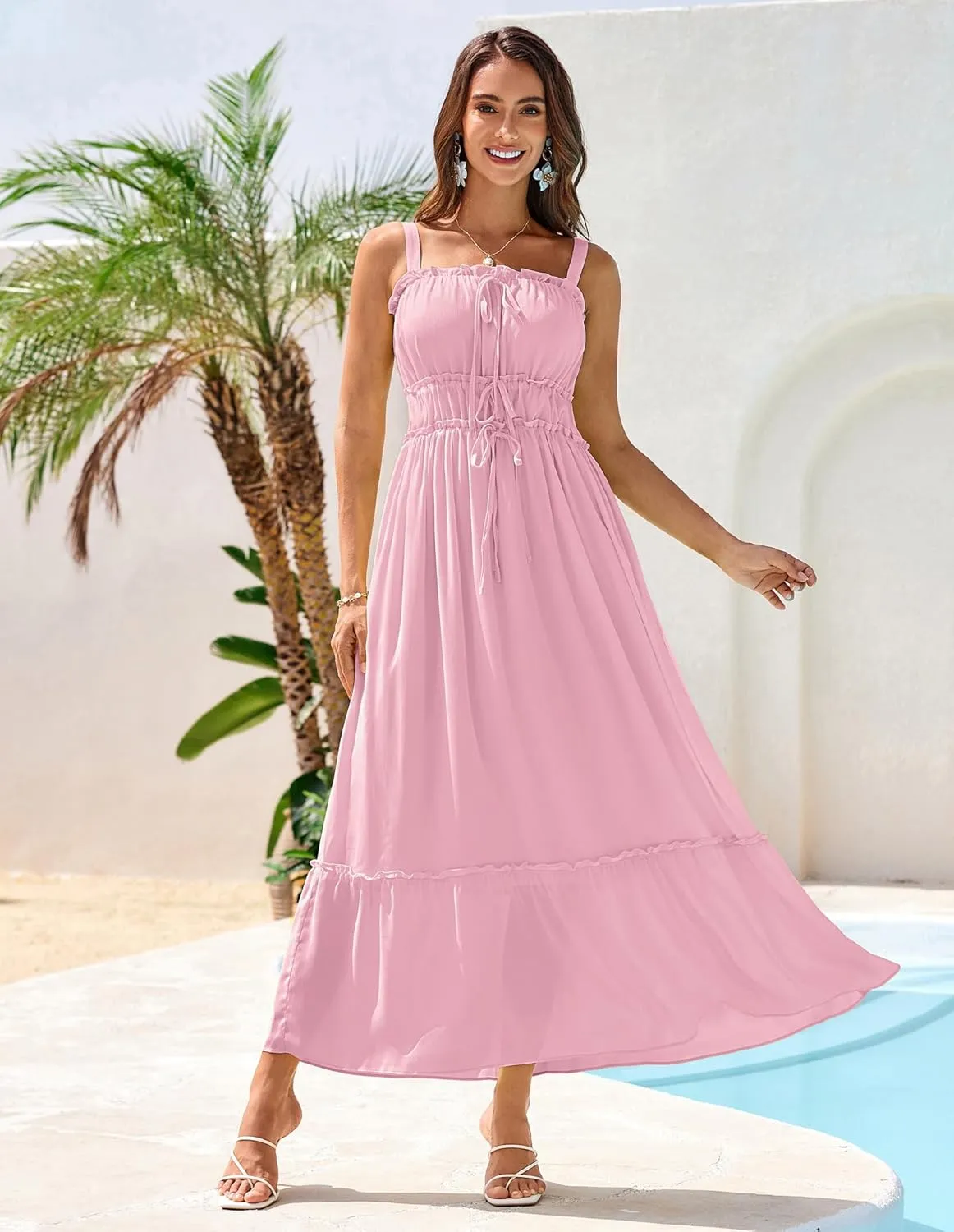 GRACE KARIN 2025 Womens Summer Flowy A-line Boho Dresses Spaghetti Strap Long Beach Sundress Smocked Maxi Dress with Pockets