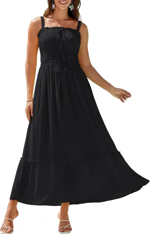 GRACE KARIN 2025 Womens Summer Flowy A-line Boho Dresses Spaghetti Strap Long Beach Sundress Smocked Maxi Dress with Pockets