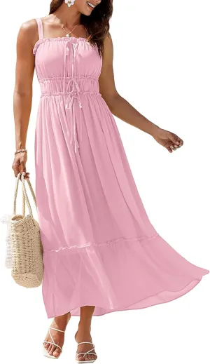 GRACE KARIN 2025 Womens Summer Flowy A-line Boho Dresses Spaghetti Strap Long Beach Sundress Smocked Maxi Dress with Pockets