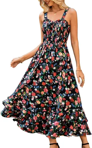 GRACE KARIN Women's 2025 Summer Floral Boho Dress Square Neck Strapped Swing A Line Sundress Beach Long Maxi Outfits