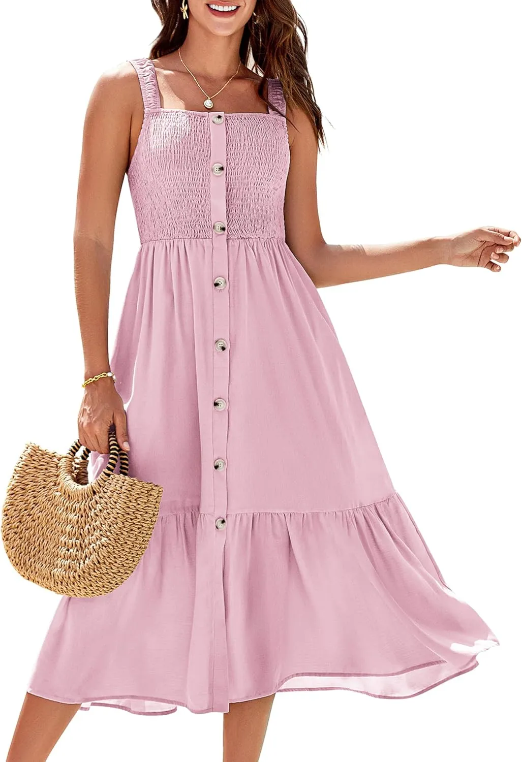 GRACE KARIN Womens Summer 2025 Midi Dress Spaghetti Strap Smocked Button Casual A Line Long Beach Flowy Sun Dresses Pockets