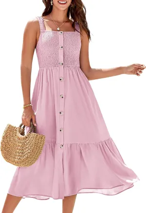 GRACE KARIN Womens Summer 2025 Midi Dress Spaghetti Strap Smocked Button Casual A Line Long Beach Flowy Sun Dresses Pockets