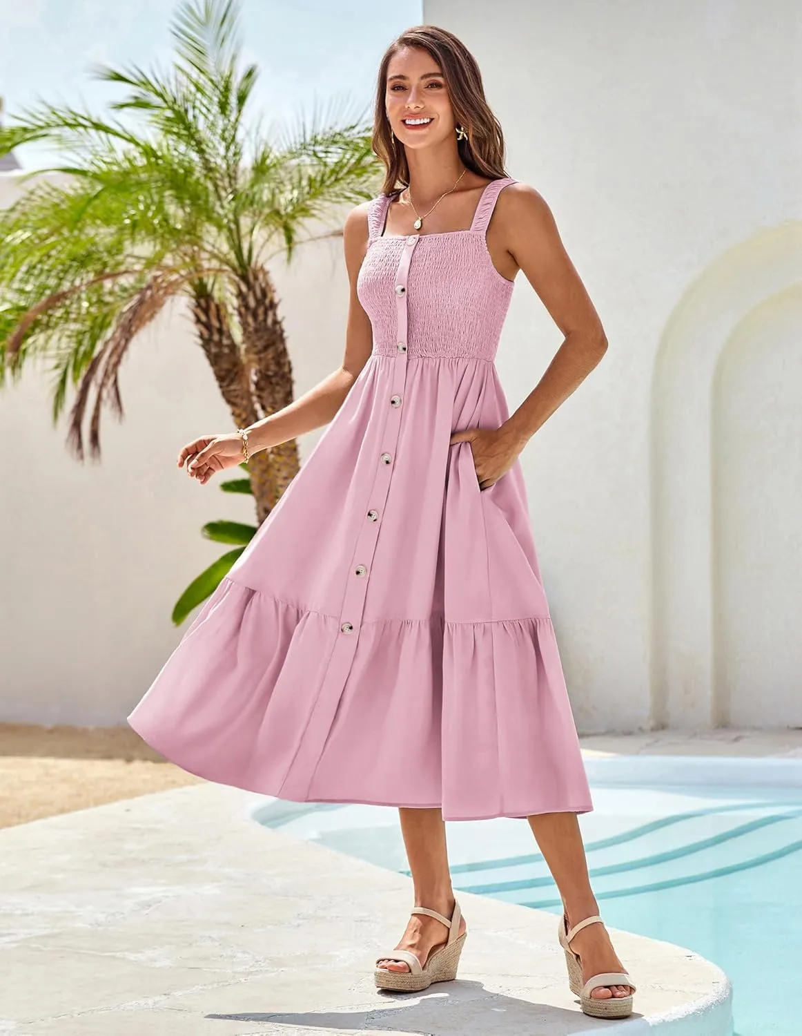 GRACE KARIN Womens Summer 2025 Midi Dress Spaghetti Strap Smocked Button Casual A Line Long Beach Flowy Sun Dresses Pockets