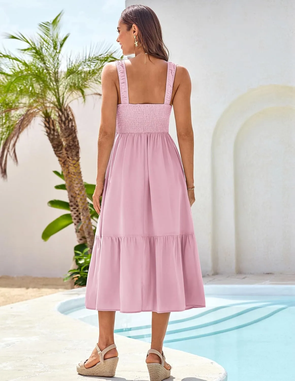 GRACE KARIN Womens Summer 2025 Midi Dress Spaghetti Strap Smocked Button Casual A Line Long Beach Flowy Sun Dresses Pockets