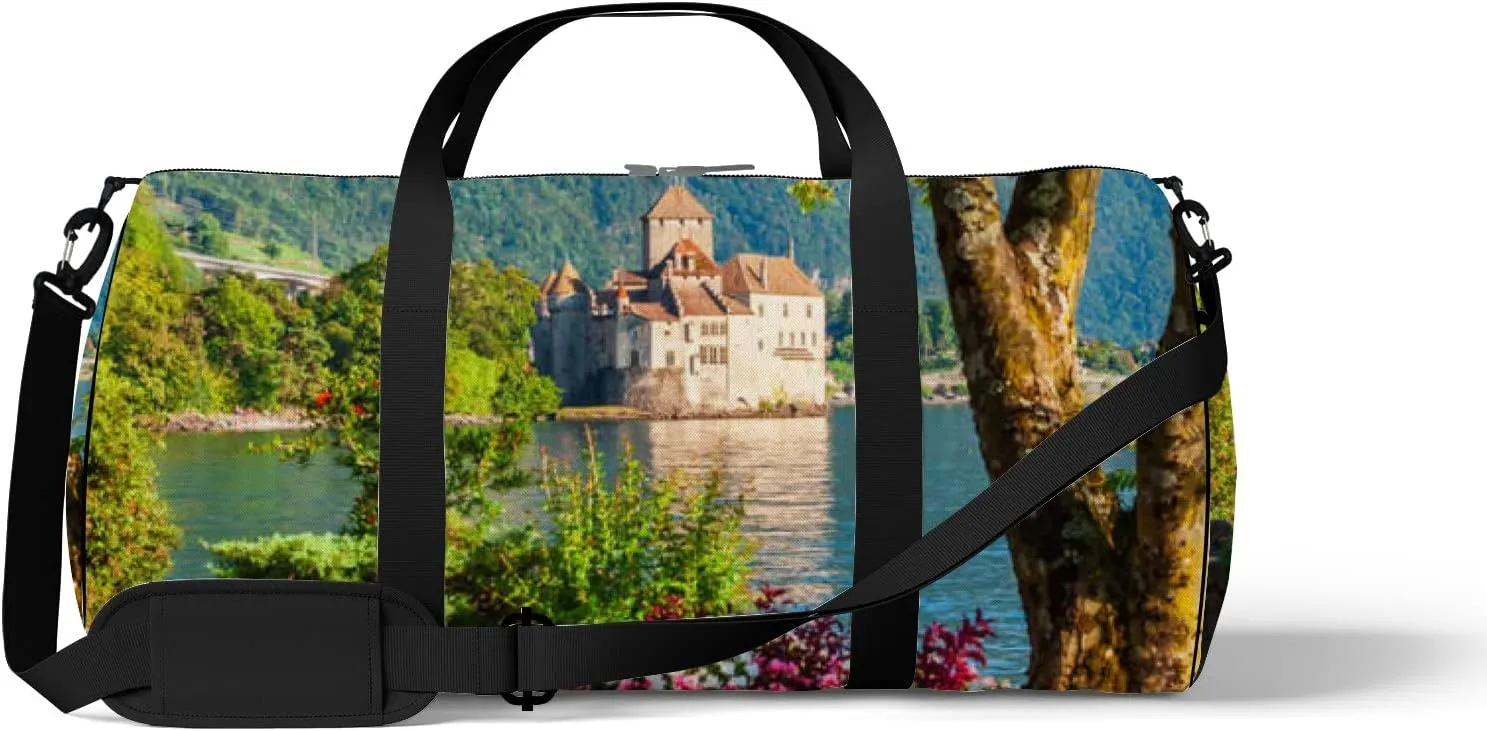 Green Chillon Chateau Sports Bag Tote Bag Waterproof Gym Bag with Shoulder Strap Zipper 2 Side Pockets for Men and Women, Travel and Storage Shoulder Bag.