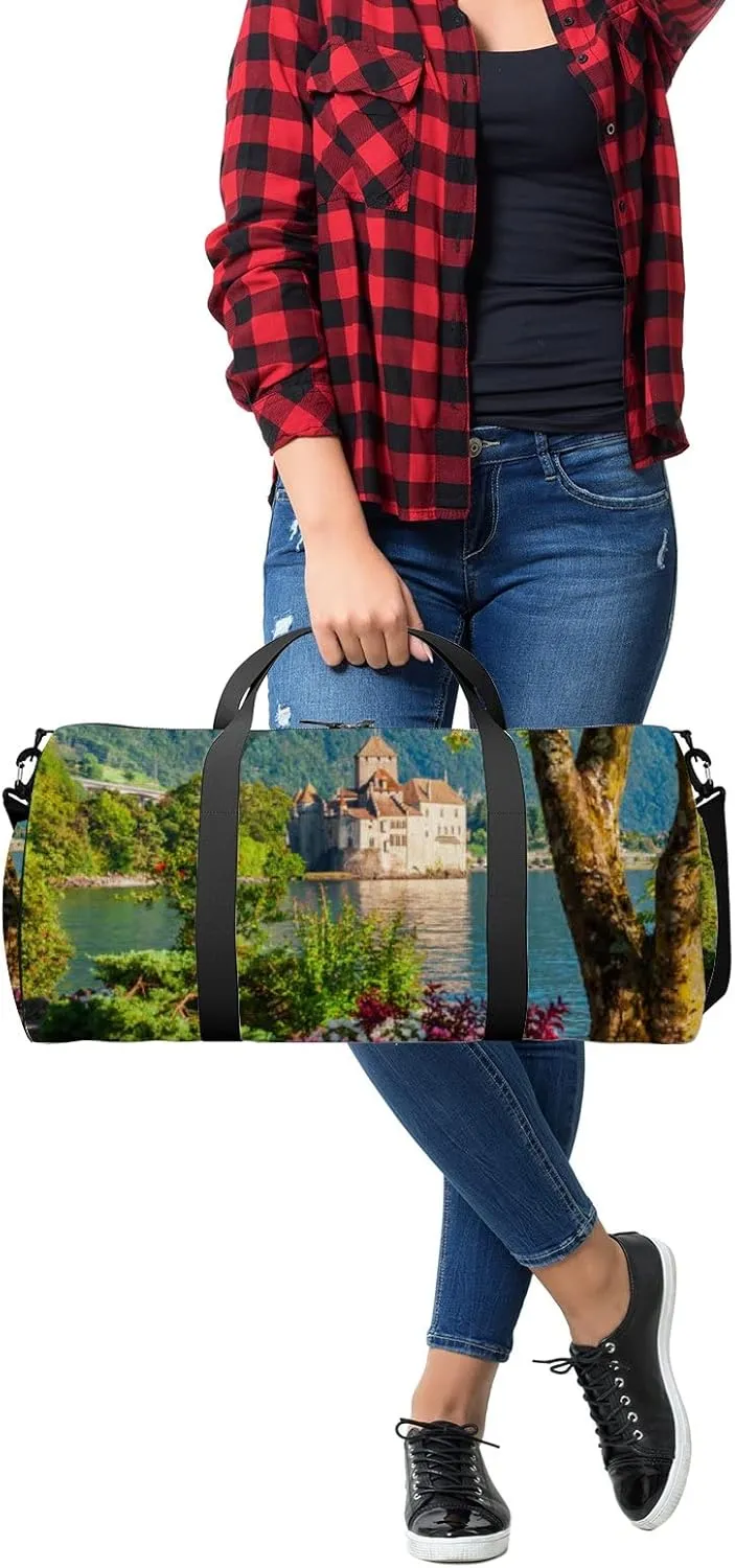 Green Chillon Chateau Sports Bag Tote Bag Waterproof Gym Bag with Shoulder Strap Zipper 2 Side Pockets for Men and Women, Travel and Storage Shoulder Bag.