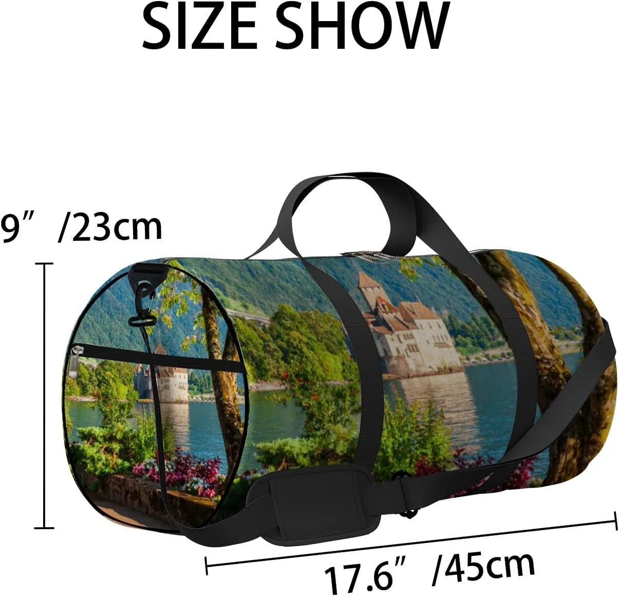 Green Chillon Chateau Sports Bag Tote Bag Waterproof Gym Bag with Shoulder Strap Zipper 2 Side Pockets for Men and Women, Travel and Storage Shoulder Bag.