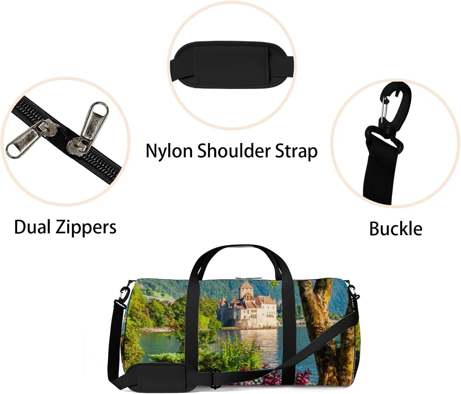 Green Chillon Chateau Sports Bag Tote Bag Waterproof Gym Bag with Shoulder Strap Zipper 2 Side Pockets for Men and Women, Travel and Storage Shoulder Bag.