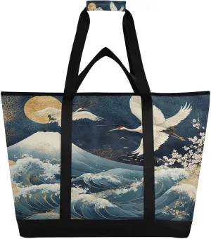 Grus Japonensis Reusable Insulated Lunchbox Cooler Bag, Leakproof Kitchen Grocery Bag Collapsible Portable Cooler Tote Bag for Picnic, Camping, Office, Travel