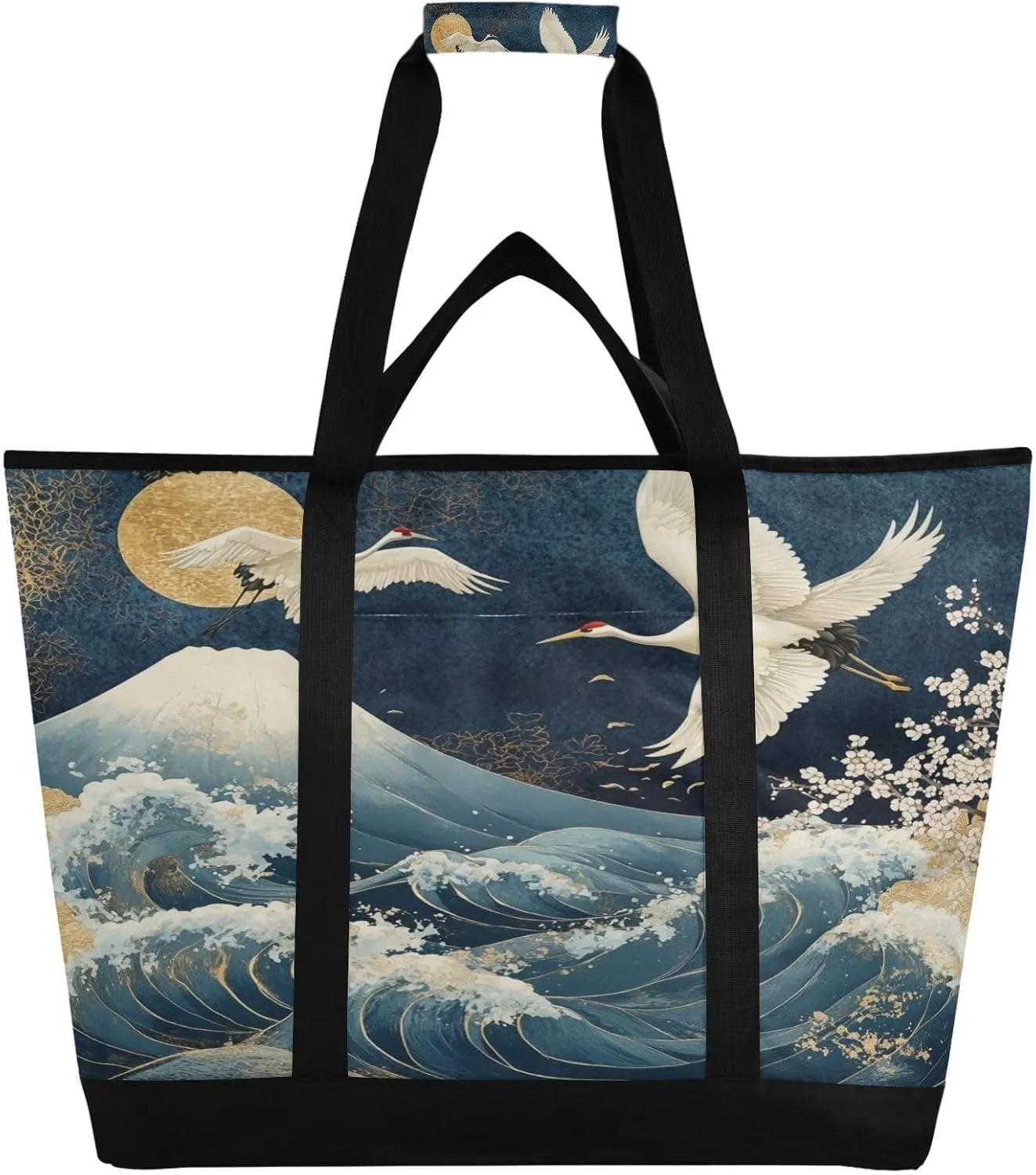 Grus Japonensis Reusable Insulated Lunchbox Cooler Bag, Leakproof Kitchen Grocery Bag Collapsible Portable Cooler Tote Bag for Picnic, Camping, Office, Travel