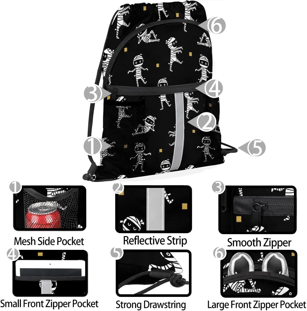 Halloween Mummy Drawstring Backpack Sports Gym Bag for Men Women Draw String Polyester Sackpack Reflective String Bags Cinch Bag with Zipper Pockets and Mesh Pockets