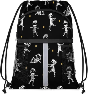 Halloween Mummy Drawstring Backpack Sports Gym Bag for Men Women Draw String Polyester Sackpack Reflective String Bags Cinch Bag with Zipper Pockets and Mesh Pockets