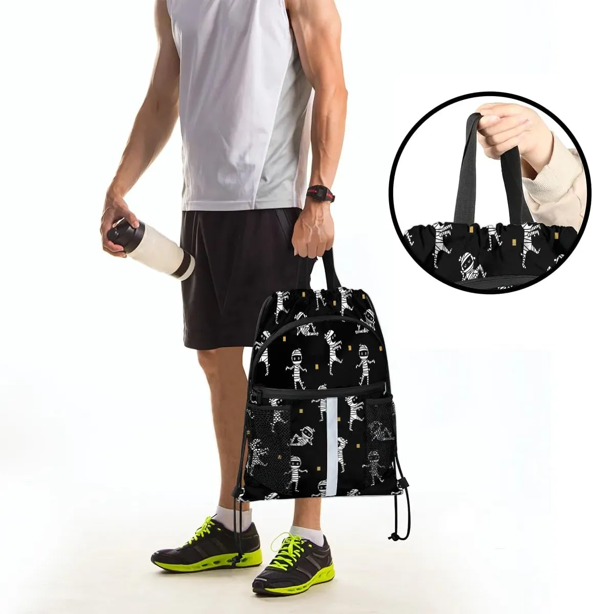 Halloween Mummy Drawstring Backpack Sports Gym Bag for Men Women Draw String Polyester Sackpack Reflective String Bags Cinch Bag with Zipper Pockets and Mesh Pockets