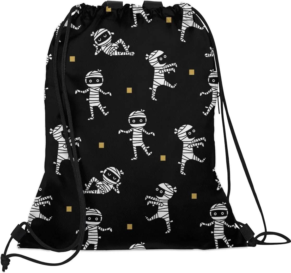 Halloween Mummy Drawstring Backpack Sports Gym Bag for Men Women Draw String Polyester Sackpack Reflective String Bags Cinch Bag with Zipper Pockets and Mesh Pockets