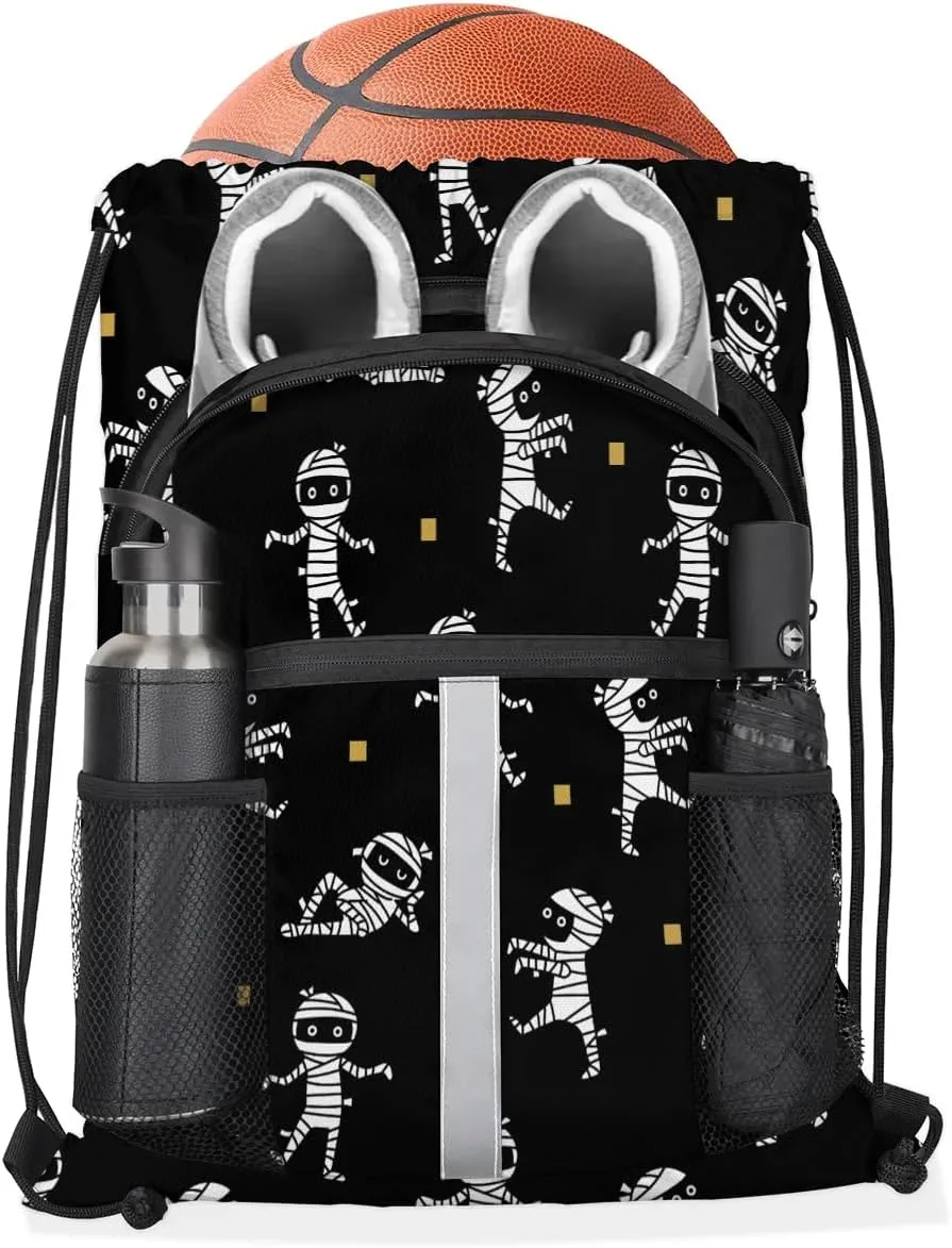Halloween Mummy Drawstring Backpack Sports Gym Bag for Men Women Draw String Polyester Sackpack Reflective String Bags Cinch Bag with Zipper Pockets and Mesh Pockets