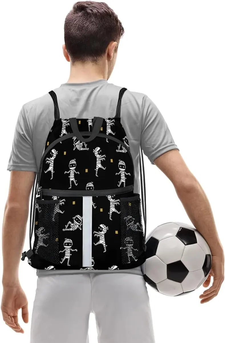Halloween Mummy Drawstring Backpack Sports Gym Bag for Men Women Draw String Polyester Sackpack Reflective String Bags Cinch Bag with Zipper Pockets and Mesh Pockets