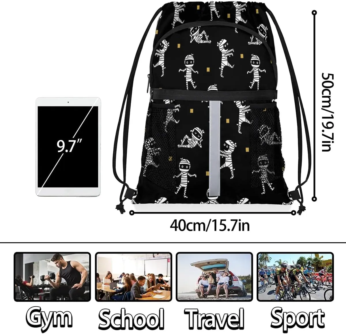 Halloween Mummy Drawstring Backpack Sports Gym Bag for Men Women Draw String Polyester Sackpack Reflective String Bags Cinch Bag with Zipper Pockets and Mesh Pockets