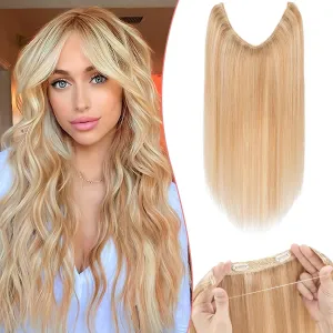 Halo Hair Extensions Real Human Hair One Piece Fish Line Secret Hairpiece With 2 Clips For Women Invisible Wire Extensions 16 Inch #18P613 Camel mixed Light Gold