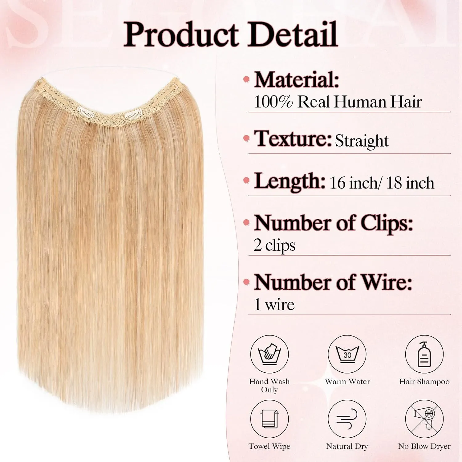 Halo Hair Extensions Real Human Hair One Piece Fish Line Secret Hairpiece With 2 Clips For Women Invisible Wire Extensions 16 Inch #18P613 Camel mixed Light Gold
