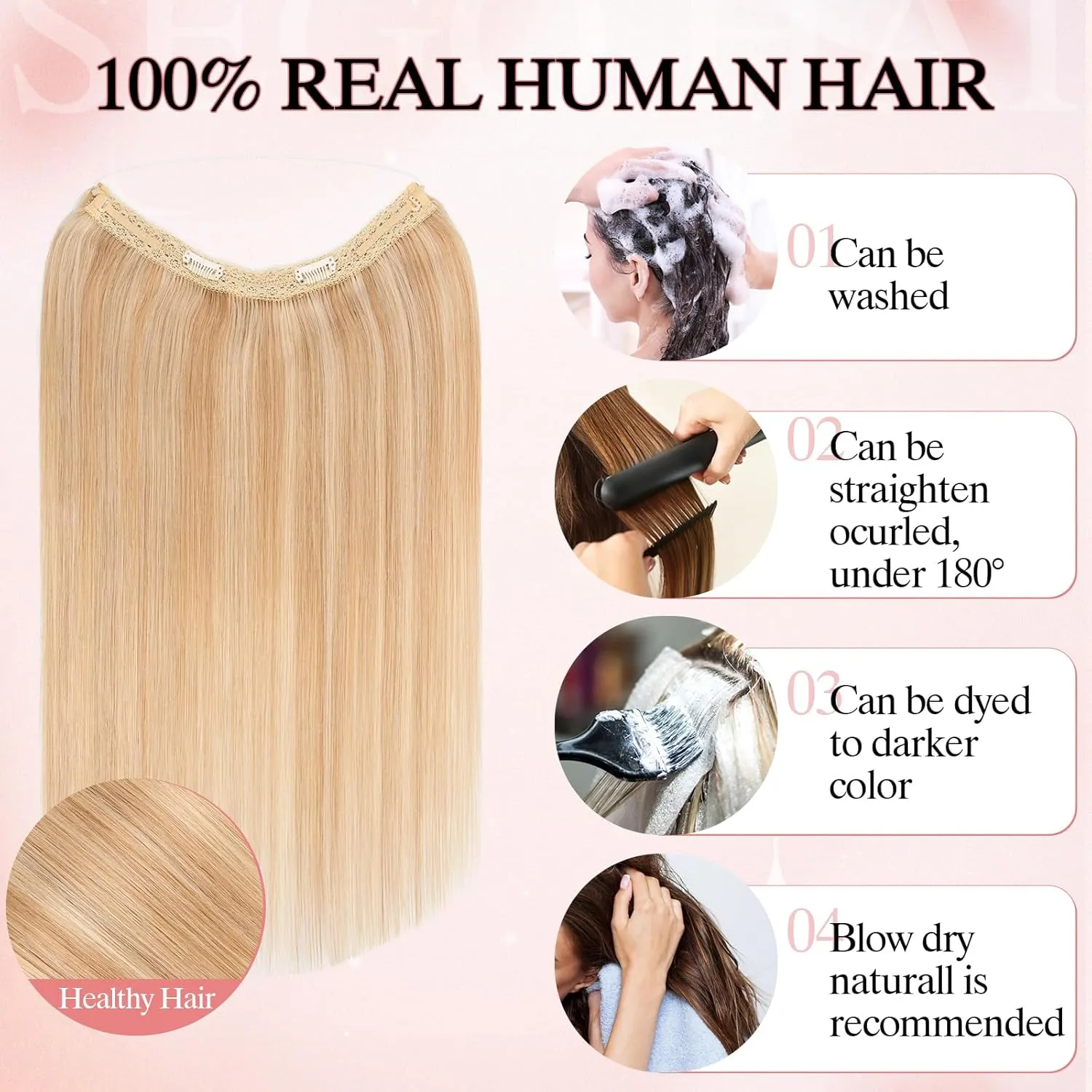 Halo Hair Extensions Real Human Hair One Piece Fish Line Secret Hairpiece With 2 Clips For Women Invisible Wire Extensions 16 Inch #18P613 Camel mixed Light Gold