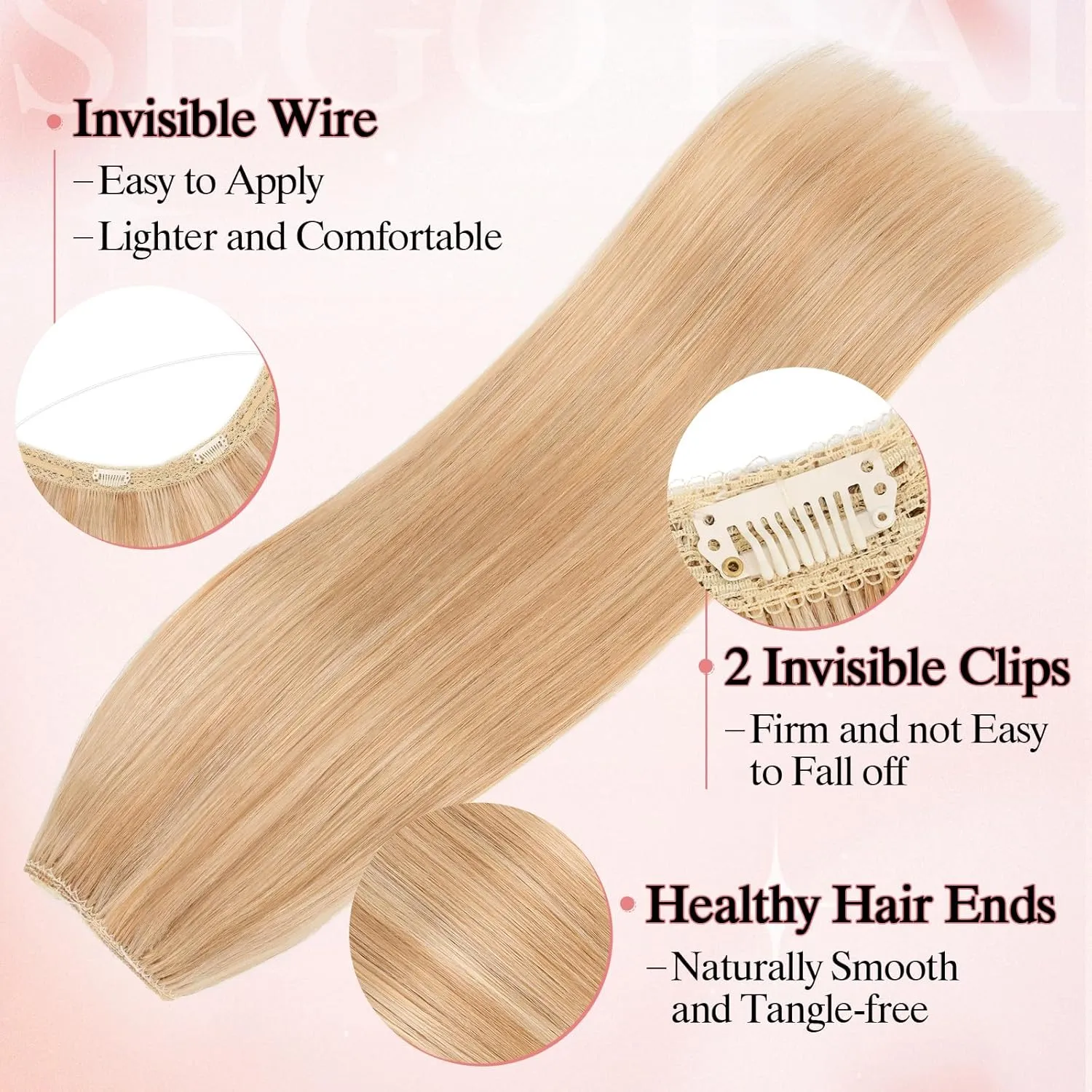 Halo Hair Extensions Real Human Hair One Piece Fish Line Secret Hairpiece With 2 Clips For Women Invisible Wire Extensions 16 Inch #18P613 Camel mixed Light Gold