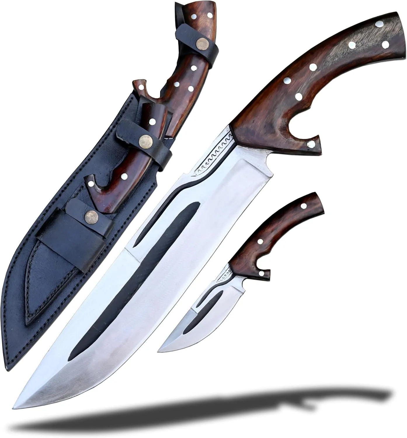 Hand-Forged Bowie Knife - 11 Inch Blade Made from Durable 5160 Leaf Spring Steel with Rosewood Handle, Leather Scabbard & Bonus 5-Inch MUK Knife