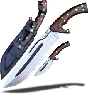 Hand-Forged Bowie Knife - 11 Inch Blade Made from Durable 5160 Leaf Spring Steel with Rosewood Handle, Leather Scabbard & Bonus 5-Inch MUK Knife