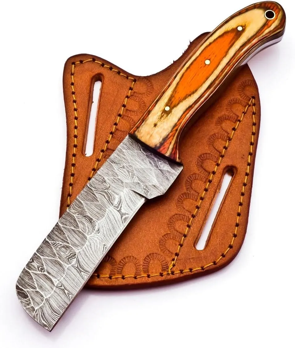 Hand Forged Cowboy Bull Cutter Knife With Sheath, 8 Inch Damascus Steel Edc Knives, Cowboy Knife, Knives for Men; 9005