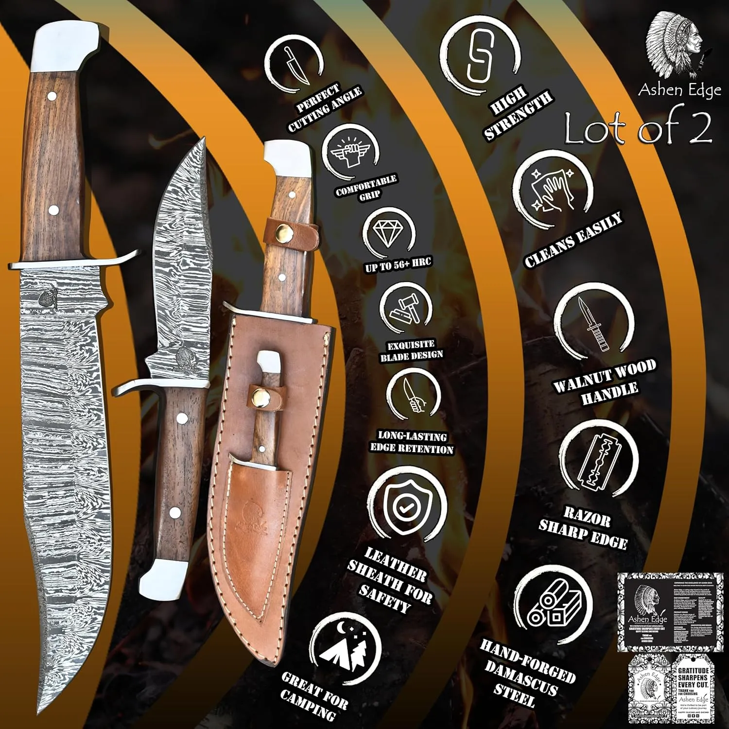 Handcrafted Luxury Damascus Steel 2-Knife Set | 56  Rockwell Hardness | Ergonomic Wooden Handles| 4” & 10” Multiuse Blades | Perfect for Outdoor Hunting, Fishing, Camping, Emergency Survival, Outdoor, Tactical Knife Set (Wooden)