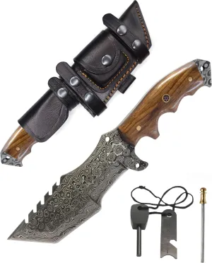 Handmade 10.5” Damascus knife- Fixed Blade Hunting Knife with Sheath-Walnut Wood Handle-Survival Knife-Camping knife-Bushcraft Knife-Ideal For EDC, Skinning,Outdoor-Best Hunting Knives For Men.
