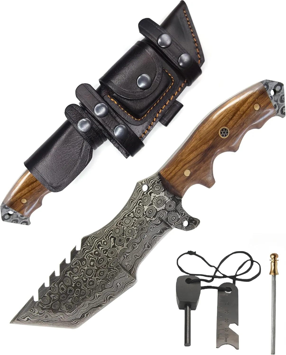 Handmade 10.5” Damascus knife- Fixed Blade Hunting Knife with Sheath-Walnut Wood Handle-Survival Knife-Camping knife-Bushcraft Knife-Ideal For EDC, Skinning,Outdoor-Best Hunting Knives For Men.